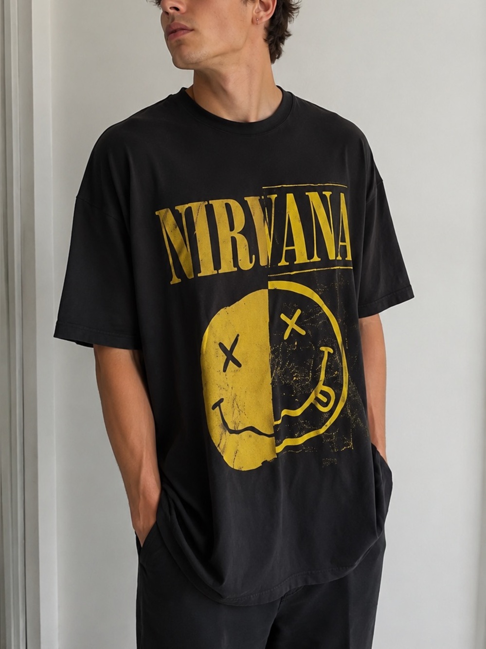 Old Navy Faded Black Yellow Nirvana T-Shirt Size Large Tall